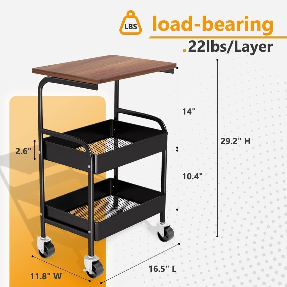 Skiennix Rolling Cart - 3-Tier Metal Utility Organizer with Lockable Wheels - Black Wooden Tabletop