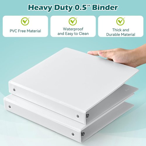 Heture 0.5 Inch 3 Ring Binder - 12 Pack Clear View, PVC-Free, Holds 100 Sheets, Durable White for Office & School