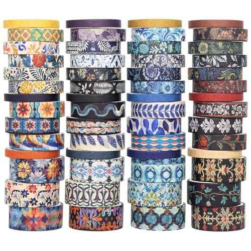 Floral Washi Tape Set, 56 Rolls 4 Size Flower Colored Decorative Blooms Masking Tapes for Scrapbooking, DIY Crafts, Bullet Journal Supplies, Planner, Junk Journal (Symmetry Aesthetics)