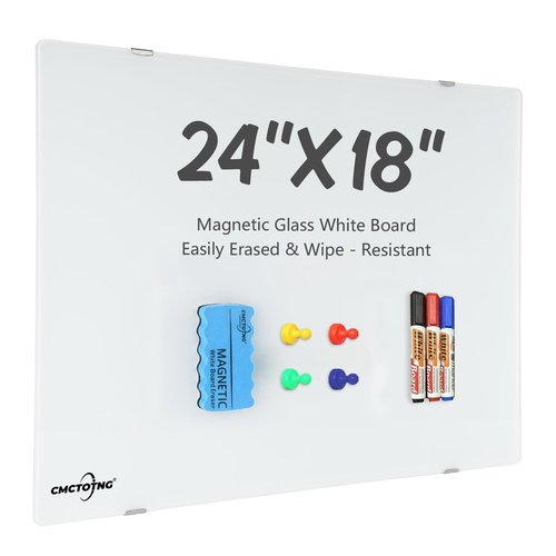 CMCTOTNG Wall-Mounted Magnetic Tempered Glass White Board Frameless Dry Erase Board Wall Mounted Ideal for Office Classroom School Kitchen and Home，Durable Whiteboard Frameless (24''X18'')