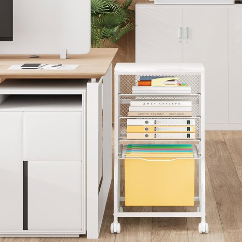 INGIORDAR Rolling File Cart,Under Desk Organizer on Lockable Wheels and Mesh Sliding Trays Multi-Functional Rolling Clutter Cart for Office, Home, School (White, 5 Tier)