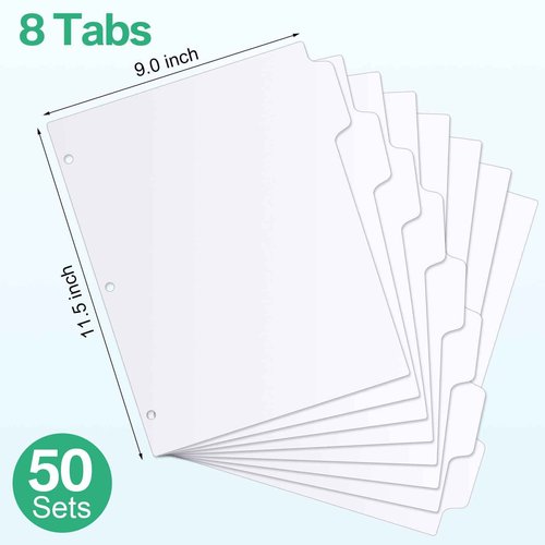 Geyoga 400 Pieces 50 Sets 3 Ring Binder Dividers with Tabs 11. 5 x 9 Inch 8 Tab Dividers for 3 Ring Binders Letter Size Page