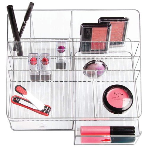 iDesign Linus Plastic Tiered Divided Desk Organizer with Drawers for Storage of Office and School Supplies, Makeup, Accessories on Vanity, Countertop, or Cabinet, 7.5" x 10" x 6.5" - Clear