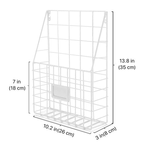 Flexzion Wall Mounted Magazine File Rack Organizer for Entryway Mail Office Kitchen Bathroom Home Basket Bin Decor Metal Wire Shelves Storage for A4 Documents Tablest DMs Comic Books Recipes, White