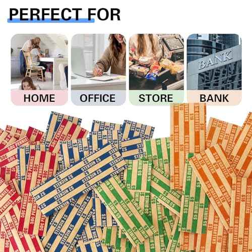 ESSENTIAL 100 pcs Assorted Packed Flat Stripped Coin Wrappers, Coin Rolls Wrapper for Quarters, Dimes, Nickels, Pennies