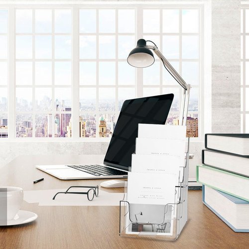 Voittozege 2 Pcs Acrylic Brochure Holder, 4 Tier 6x9 inch Clear Literature Holder, Clear Flyer Holder Pamphlet Display Stand Literature Holder for Wall and Counter Desktop Stand