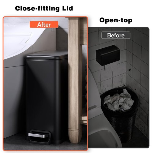 Veelesa Slim Bathroom Trash Can with Lid Soft Close, 2.6 Gallon Stainless Steel Garbage Can with Removable Inner Bucket, Durable Step Pedal, Small Trash Bins for Toilet, Bedroom, Kitchen, Office