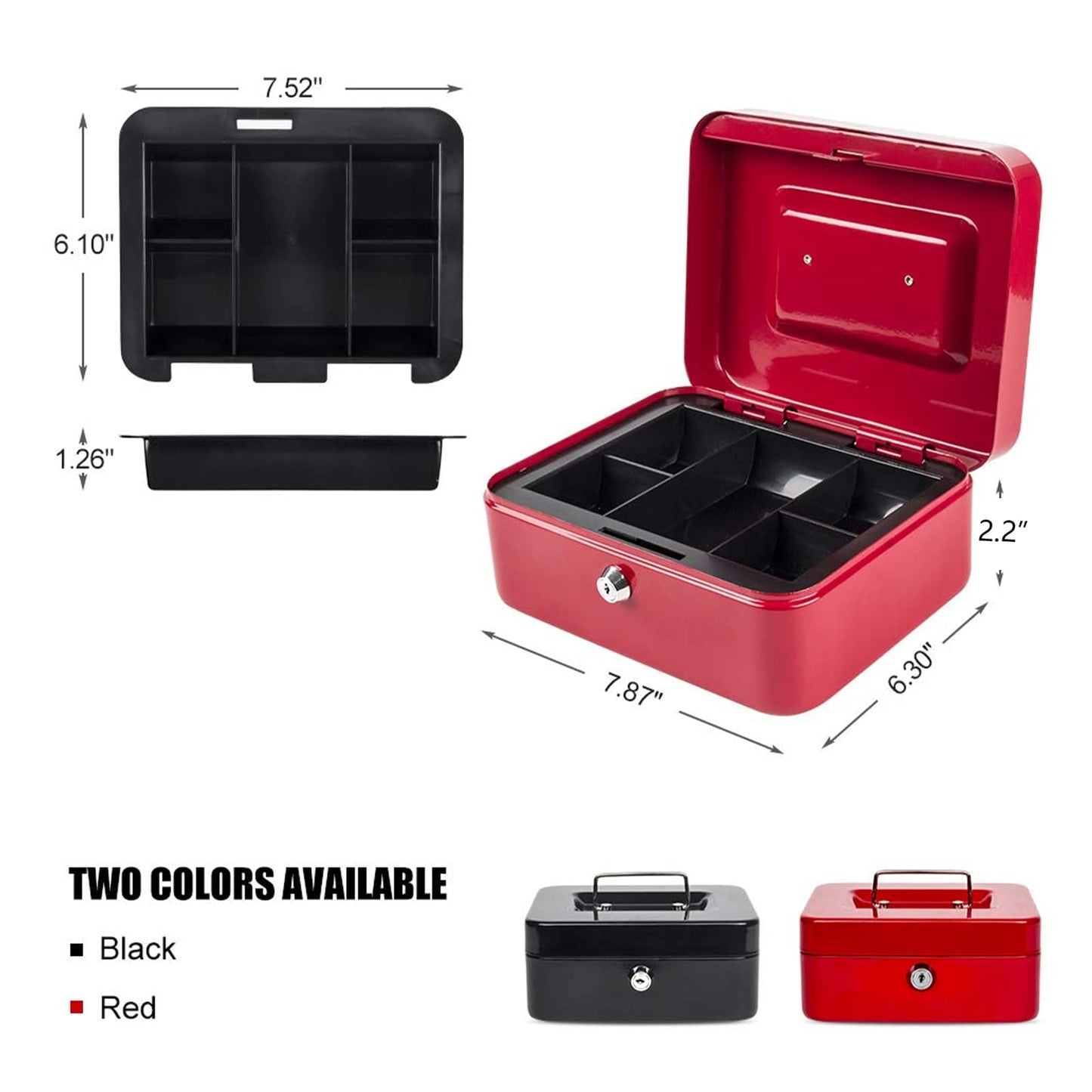 Kyodoled Cash Box with Money Tray,Small Fire Resistant Safe Lock Box with Key,Cash Drawer,5.91"x 4.72"x 3.15" Red Small