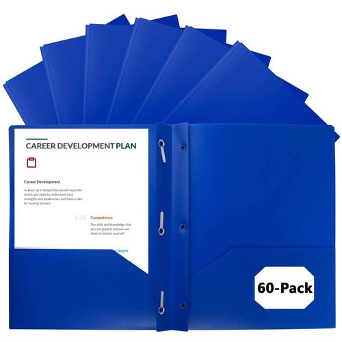 EEHZTSI 60-Pack Plastic Folders with Pockets and Prongs,2-Pocket Folders with 3 Fasteners, Poly Folders Holds 8-1/2" x 11" Paper for School/Office/Home, Blue