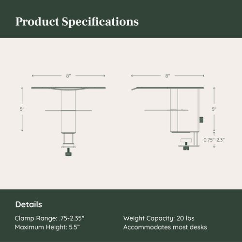 Branch Desk Perch - Elevated Desk Shelf Organizer Platform for Monitor, Laptop, and Desk Accessories - Compact Powder-Coated Steel with Integrated Storage - Easy Clamp Installation - White