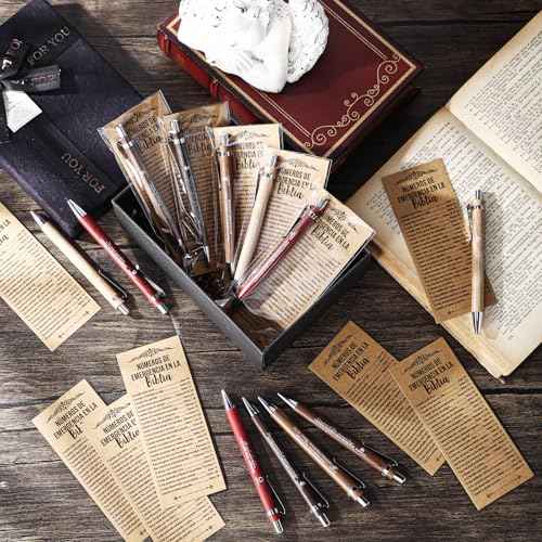 50 Sets Christmas Christian Pens Bulk Bible Verse Religious Ballpoint Bamboo Pens with Bible Verse Emergency Numbers Bookmarks Church Gifts for Women Men Pastor Godmother Teacher (Spanish)