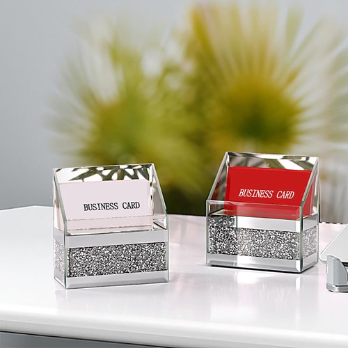 TACIDON 2 Pieces Mirrored Business Card Holder for Desk, Modern Crushed Diamond Glass Business Card Display Stand, Business Card Organizer for Office Home Desktop (Silver)