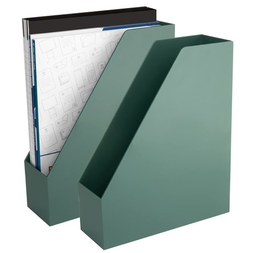 Alfion Magazine File Holder 2-Pack | Sturdy Plastic Vertical Organizer Box with Rubber Feet | Sage Green Desk Accessories for Modern Office