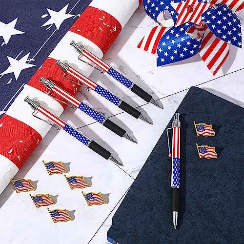 200 Pcs Veterans Day Supplies include 100 Pcs Patriotic American Flag Lapel Pins and 100 Pcs USA Patriotic Themed Ballpoint Pen 1.0mm Independence Day for Home School Office Party