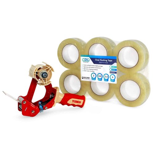 IDL Packaging Concord Packing Tape with Dispenser - 6 Rolls of 2" x 2.6 mil x 110 Yards, Clear Tape - Excellent Carton Sealing for Moving and Shipping