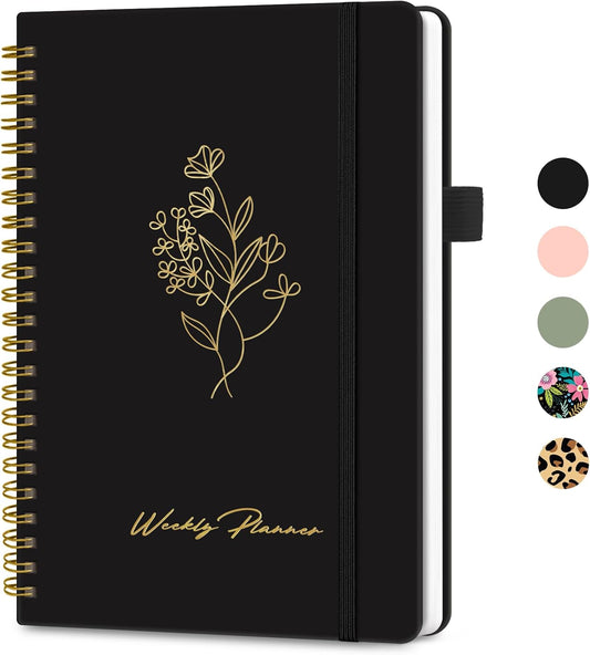Undated Weekly Planner - A5 Goal & Habit Tracker Notebook with Spiral Binding | 6.1" x 8.2" - Black