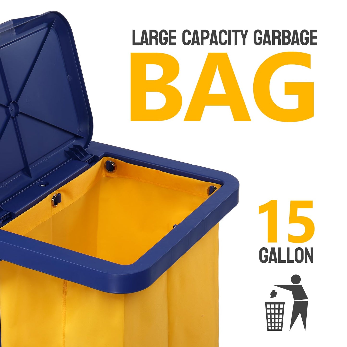 TUFFIOM Commercial Traditional Cleaning 3-Shelf Janitorial Cart, 500 Lbs Capacity Housekeeping Cart, Wheeled with Yellow VinylBag and Cover w Lid, Blue,
