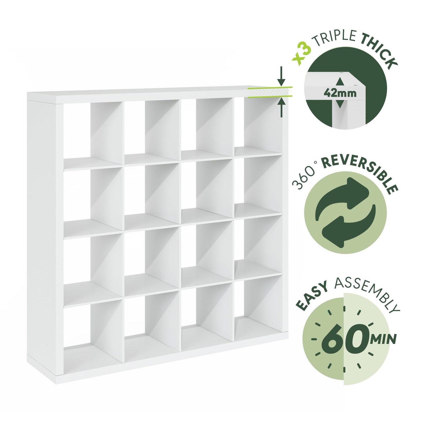 Furinno Cubicle Book Shelf, 16-Cube Bookshelf, Triple Thick Frame Cube Storage Organizer, 1.65" Bookcase, 15.4 x 57.4 x 56.9, for Home Office, Living Room, Plain White