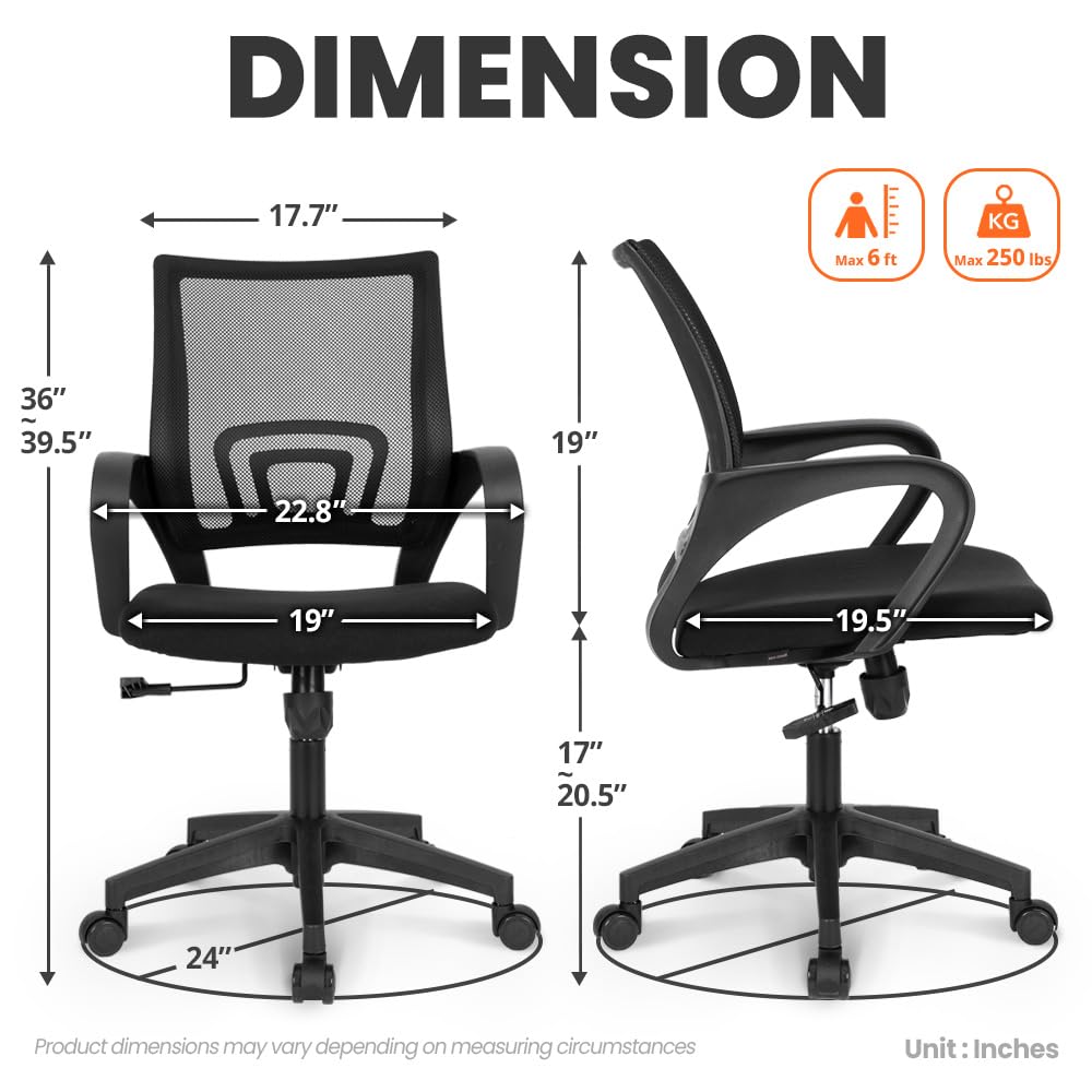 NEO Chair Office Computer Chair Mid Back Desk Ergonomic Mesh Gaming Seat Comfy Lumbar Support Rolling Wheels Adjustable Height Swivel for Home Task (All Black)