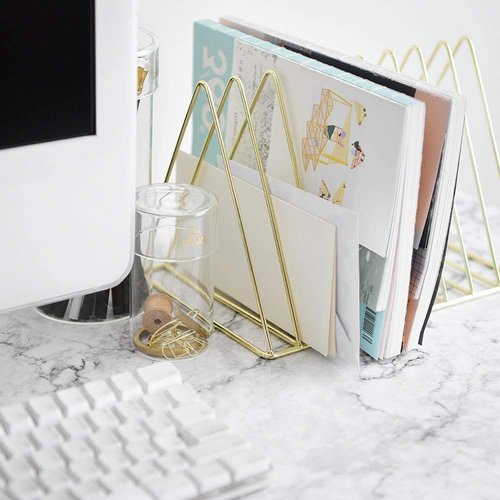 PENGKE File Organizer Triangle Iron Desktop Storage Book Rack Bookshelf Copper Magazine Newspaper Holder Art Desktop Organizer Rack,Gold Pack of 1