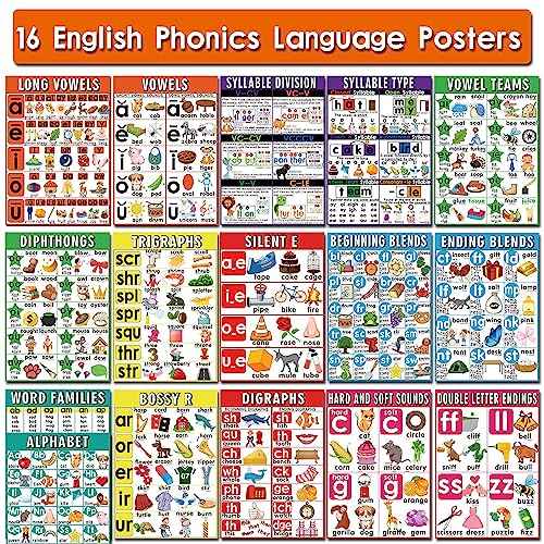 16 English Phonics Posters Language Arts Charts for Kids Toddler Learning Vowels Posters, Phonics Poster for Classroom, Digraphs and Blends Poster, Sound Wall Phonics Chart, Boho Classroom