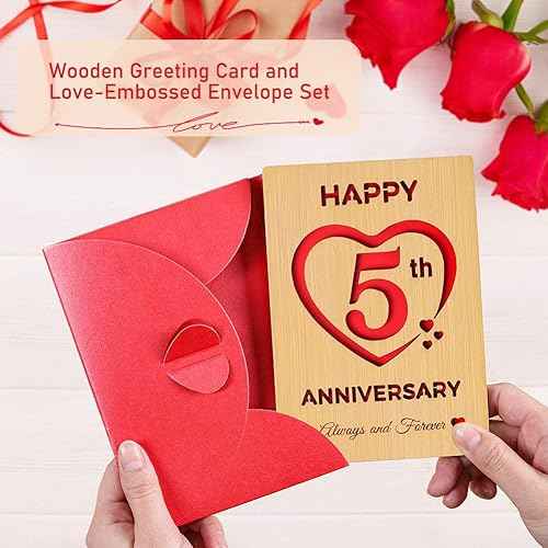 5 Year Marriage Anniversary Card Gifts for husband Wife, Wooden Happy 5th Anniversary Card for Her Him, Always and Forever Fifth Wood Wedding Cards for Men