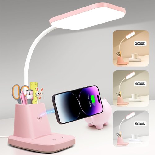 Sailstar Pink Desk Lamp - Wireless Charger & Pen Holder | Dimmable LED with Flexible Arm for Home Office & Kids