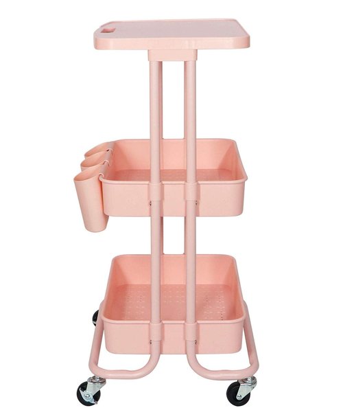 3 Tier Rolling Cart with Table Top, Pink Office School Supplies Carts with Hanging Cups and Hooks, Multi-Functional Storage Trolley, Metal Frame with Plasitc Trays Mobile Cart with Wheels