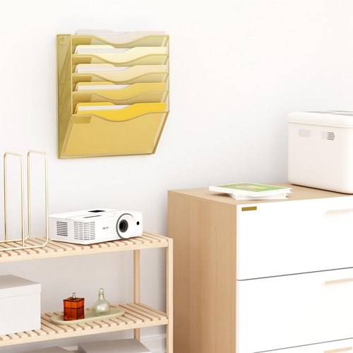 JessYo Office 5 Pocket Mesh Wall File Holder Hanging Folder Organizer Wall Mounted Magazine Document Rack, Gold