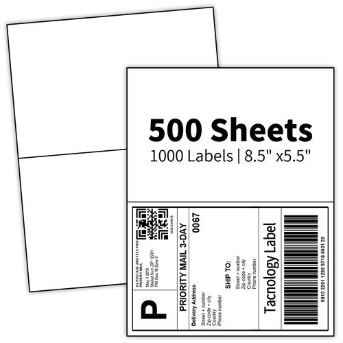Tacnology 500 Sheets 1000 Labes 8.5"x5.5" Half Sheet Self Adhesive Shipping Labels for Laser & Inkjet Printers, 2 per Page Shipping Mailing Labels, 5 1/2 x 8 1/2 Permanent Adhesive Paper