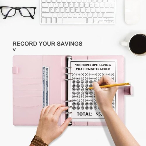 2Pcs 100 Envelopes Money Saving Challenge, 100 Envelope Challenge Binder, Easy and Fun Way to Save $5,050, Budget Book Binder Savings Challenges with Cash Envelopes (Black+Pink)
