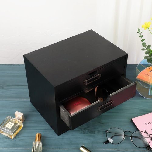 PACKGILO Wooden Storage Box Rustic Desktop Organizer with 3 Drawers Office Desk Accessories Shelf Small Craft Storage Containers Apothecary Cabinet and Chest Jewelry Holder for women(BLACK)