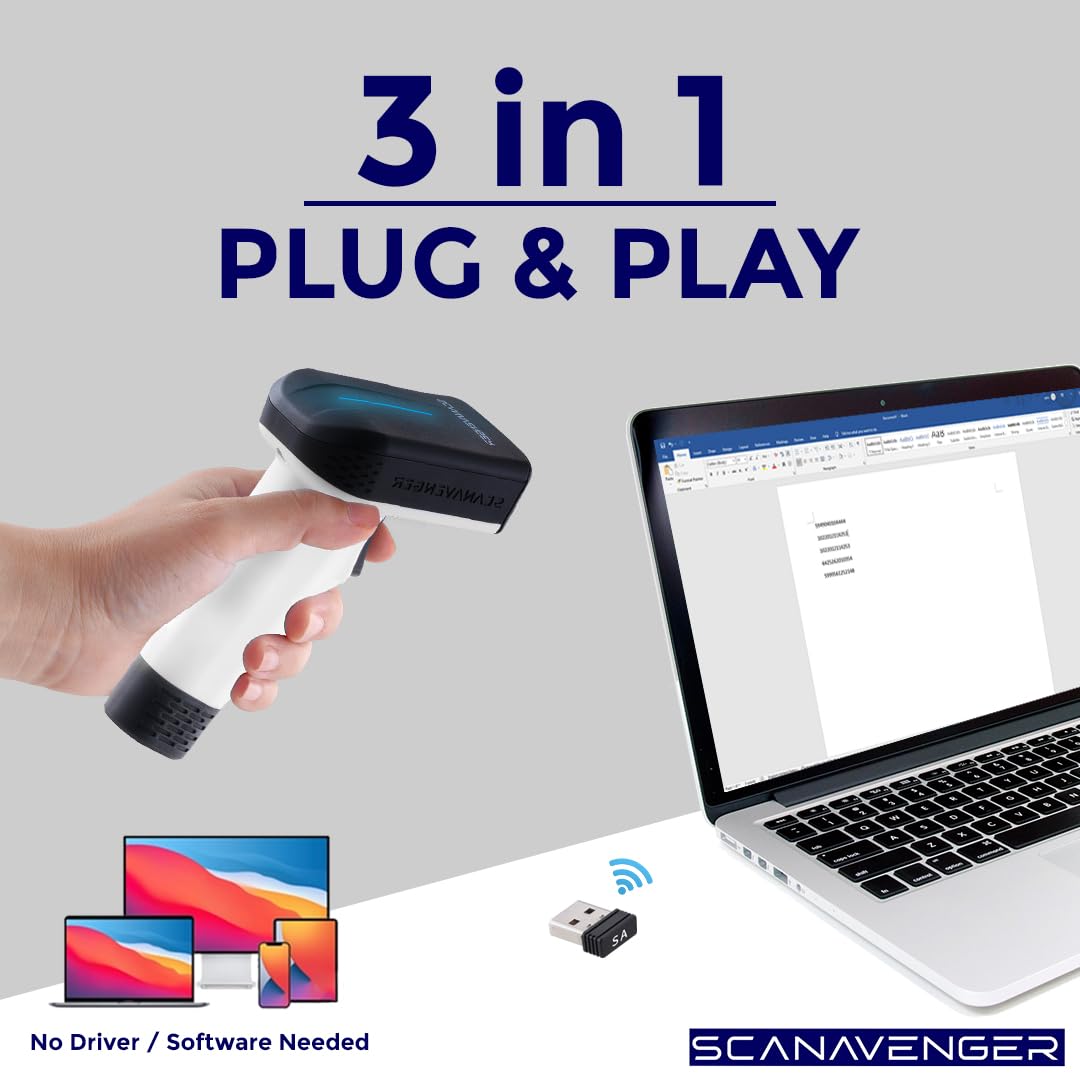 ScanAvenger Wireless Portable 1D&2D with Stand Bluetooth Barcode Scanner: Hand Scanner 3-in-1, Cordless, Rechargeable Scan Gun for Inventory - USB Bar Code/QR Reader (1D&2D Upgraded Next Gen Stand)