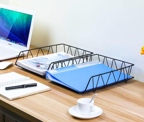 PAG Desktop File Organizer - Metal Stackable Letter Tray Rack | 2 Pack, Black Color