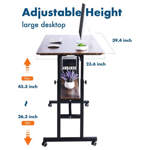 AIZ Mobile Standing Desk, Adjustable Computer Desk Rolling Laptop Cart on Wheels Home Office Computer Workstation, Portable Laptop Stand Tall Table for Standing or Sitting, 39.4" x 23.6"