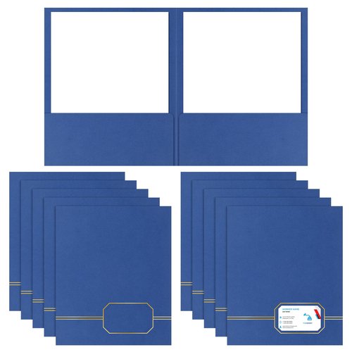 Kisston 10 Pack Executive Twin Pocket Folders Letter Size Blue with Gold Foil Trim Textured Folders with 2 Pockets for Home Business Office