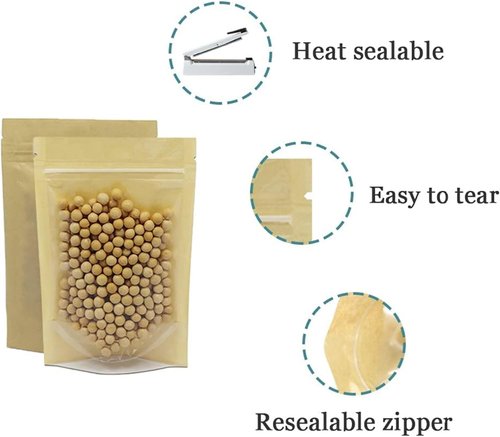 PABCK Clear Front Stand-Up Airtight Bags - 50 Pcs Brown Kraft Paper | Resealable 3.9x5.9 Inch Food Storage