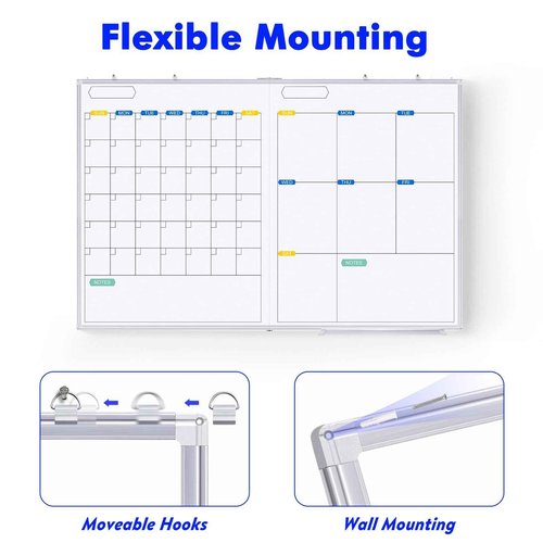 Dry Erase Calendar Whiteboard for Wall, 48" x 36" Monthly + Weekly Large Magnetic White Board Calendar Dry Erase, Silver Aluminum Frame