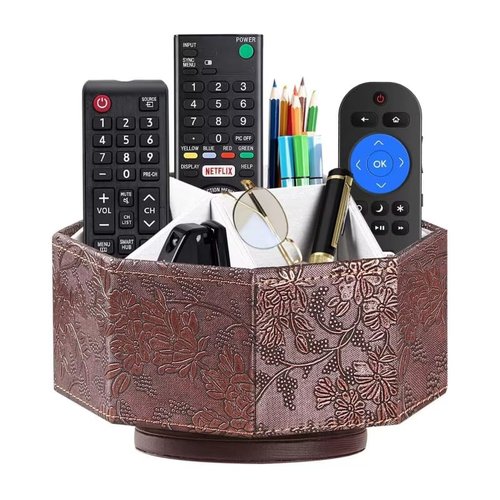 Arniche PU Leather Remote Control Holder,360 Degree Spinning TV Remote Caddy,9 Grids Desk Organizers and Accessories for Storage Controller,Calculator,Mail,Media,Pen,Phone etc (Antique)