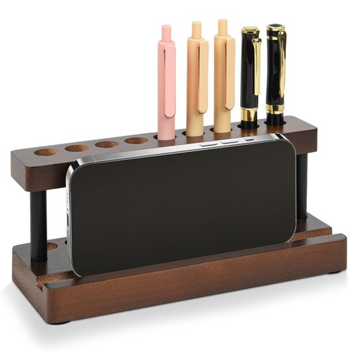 Wooden Pen Holder for Desk, Pencil Holder Wood Fountain Pens Display Stand with 9 Slots and Cell Phone Holder, Pen Organizer for Office, Home