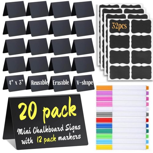 20 Pack Mini Chalkboard Signs Food Labels for Party Buffet, Reusable Small Chalk Boards for Birthday Bakery Wedding Table Signs Food Tags Place Cards with 12 Markers, 32 Blackboard Stickers
