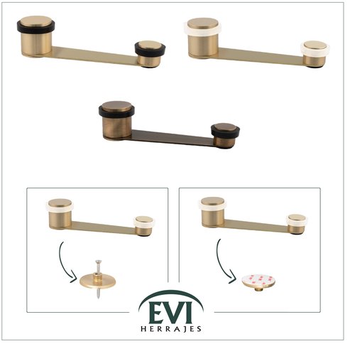 EVI Herrajes | Door Swivel Retainer Stop | Useful Hole 70 mm Thick | Black Rubber | Matte Finish Brass | Adhesive Fixing or with Screw+Dowel | Mod. I-152DUALLMT