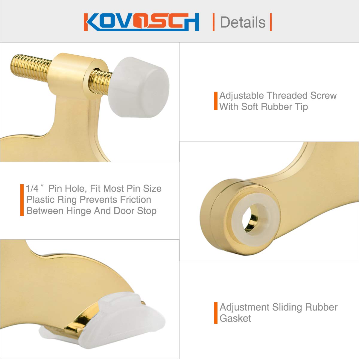 KOVOSCH 2 Pack Hinge Pin Door Stopper Bright Brass - Adjustable Heavy Duty Gold Hinge Pin Door Stop with White Rubber Bumper Tips