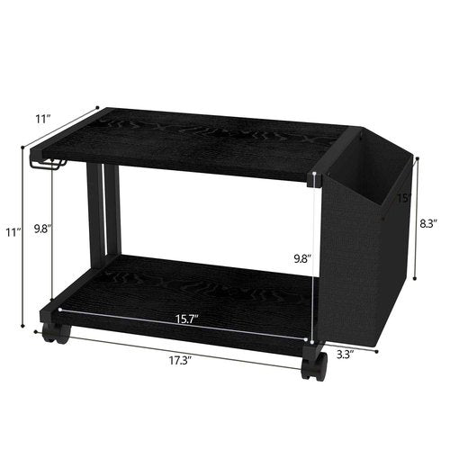 VEDECASA 2 Tier Black Printer Stand with Storage Bag for Home Office Desktop Printer Table Underdesk Organizer Mobile Printer Shelf with Caster Wheel (Black)