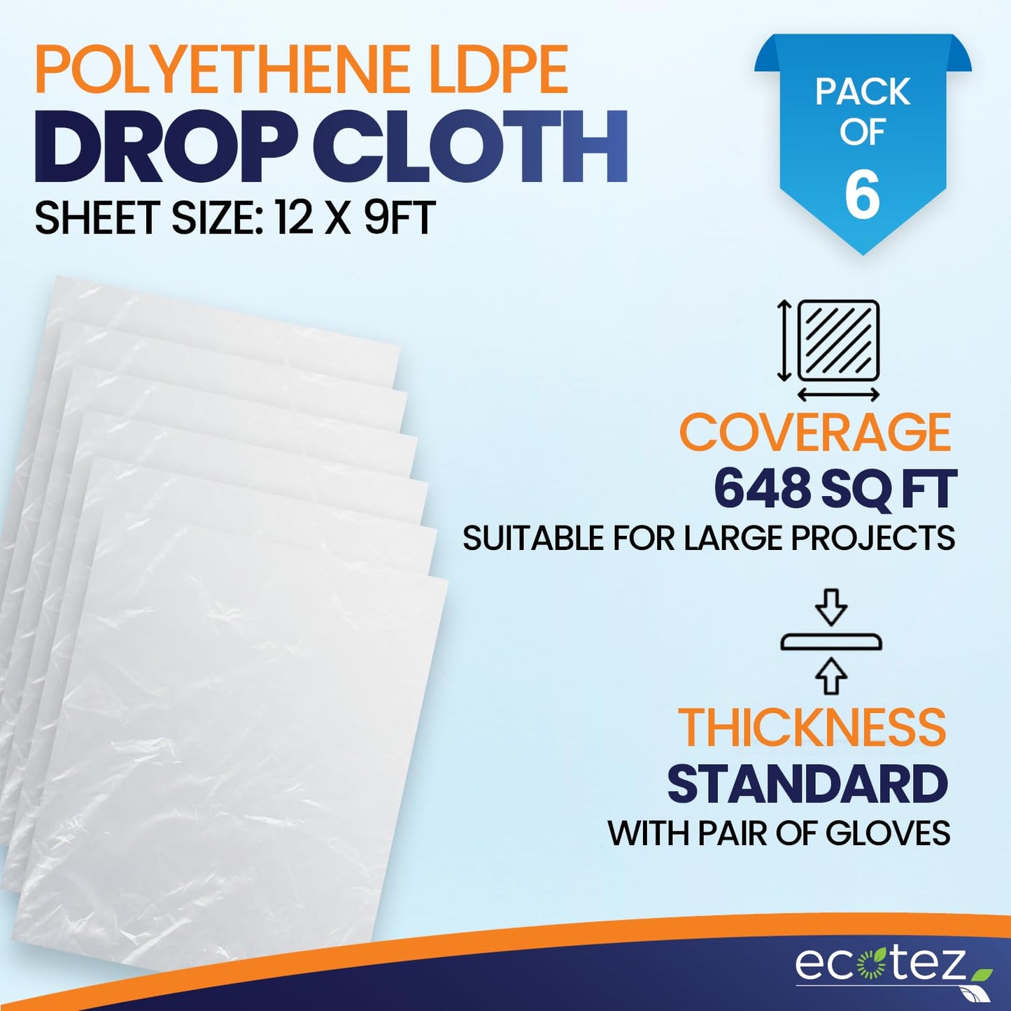 Ecotez 6 Pack 12 x 9 ft Extra Large Plastic Drop Cloth for Painting - Light & Durable Tarp Cover for Furniture - Plastic Clear Tarp Waterproof - Paint Floor Covering - Painters Drop Cloth Sheeting