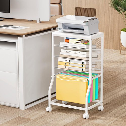 INGIORDAR Rolling File Cart,Under Desk Organizer on Lockable Wheels and Mesh Sliding Trays Multi-Functional Rolling Clutter Cart for Office, Home, School (White, 5 Tier)