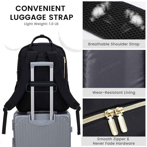 LOVEVOOK Laptop Backpack for Women, Water Resistant Travel Work Backpacks Purse Stylish Business Teacher Nurse Computer Bag with USB Charging Port,Black