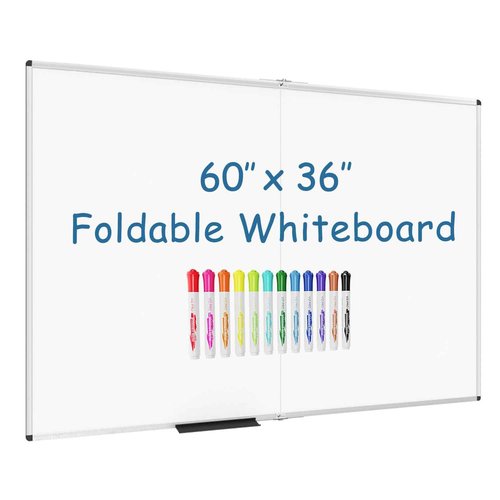 VIZ-PRO Large Dry Erase White Board/Magnetic Foldable Whiteboard, 60 X 36 Inches, Silver Aluminium Frame, with 12 Colored Whiteboard Pens