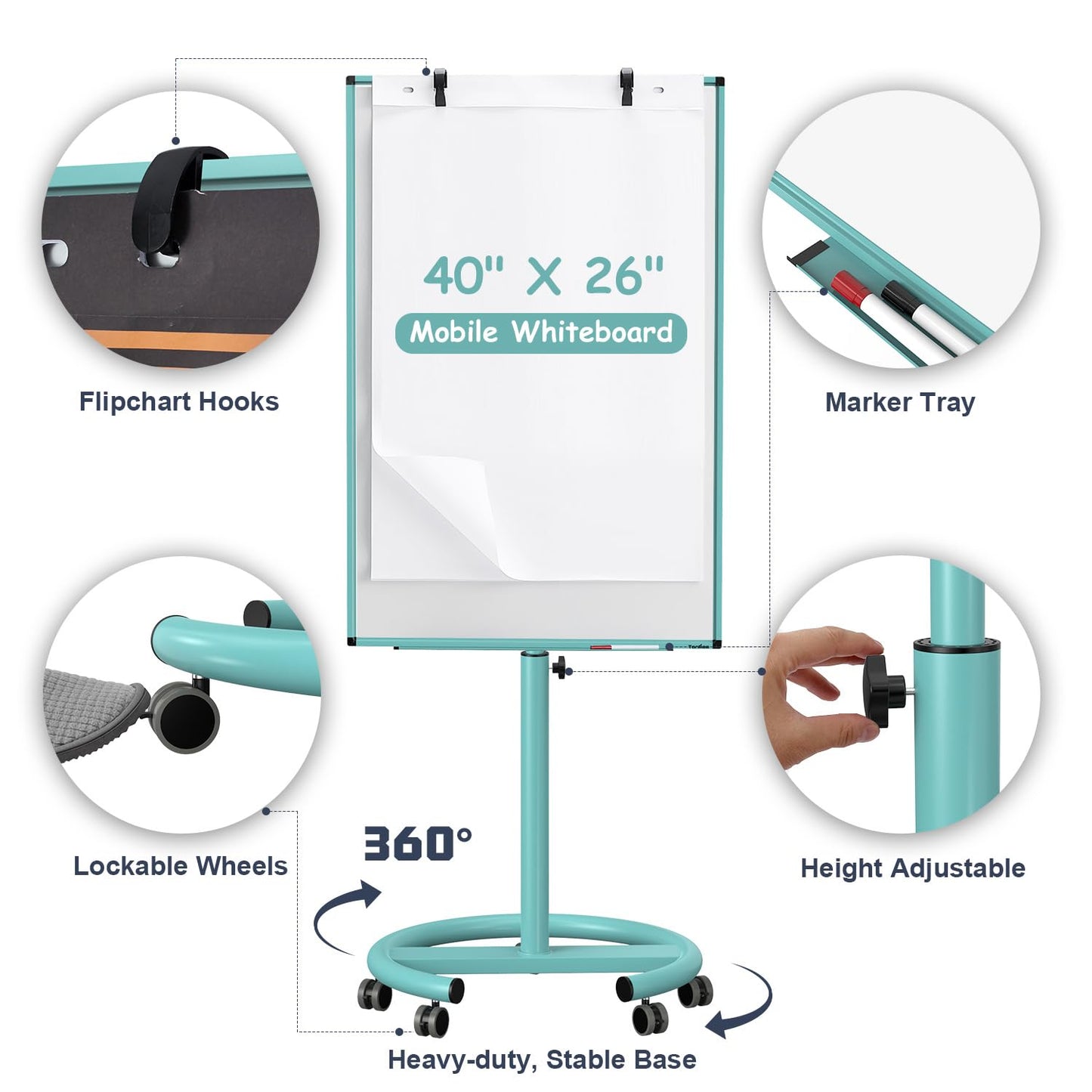 Mobile Whiteboard on Wheels, 40x26 Inches Magnetic Dry Erase Board with Stand, Standing Dry Erase Board with Paper Pads, Portable Rolling White Board for Classroom, School, Office, Home, Teacher