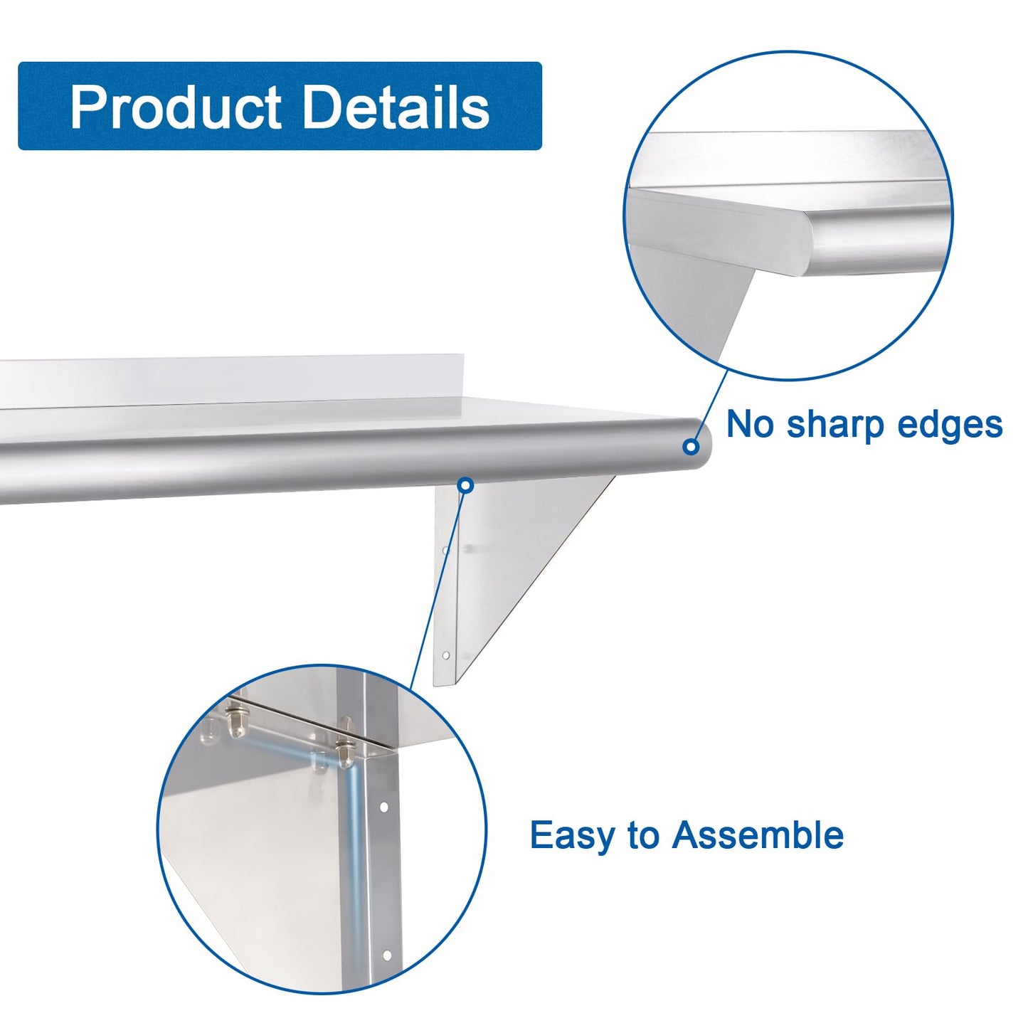 HARDURA Stainless Steel Shelf 12" x 48", 250lb Commercial Shelves Wall Mount Metal Shelving with Backsplash and Brackets for Kitchen, Restaurant, Laundry Room and Home
